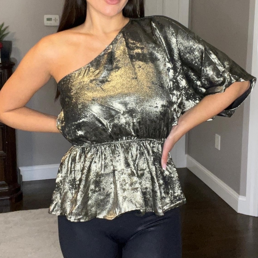 Miller Blouse One Shoulder Metallic Gold  Holiday Festive Size 3X